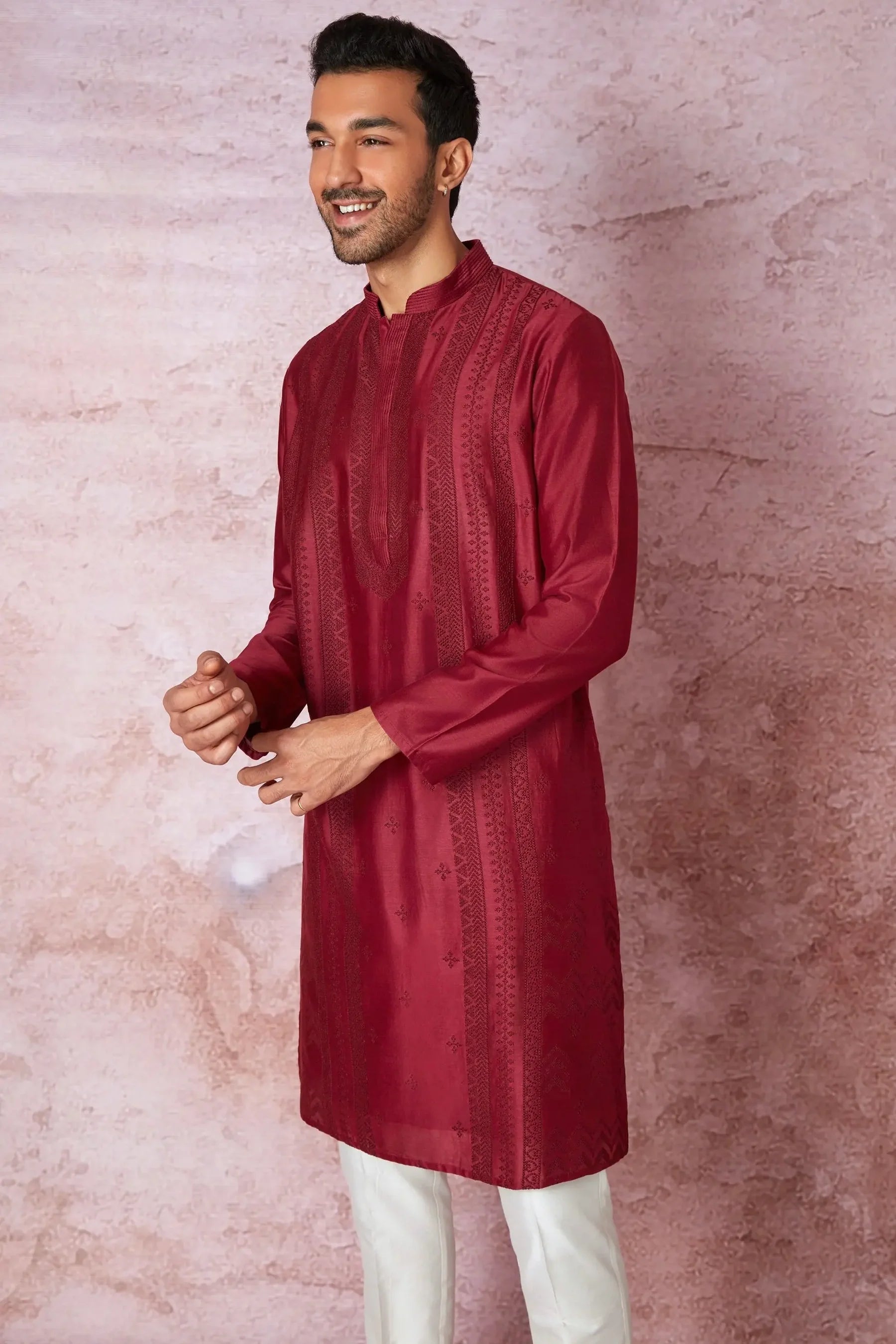 Timeless Maroon: Chanderi Silk Kurta with Resham Embroidery, Tone on Tone Panel