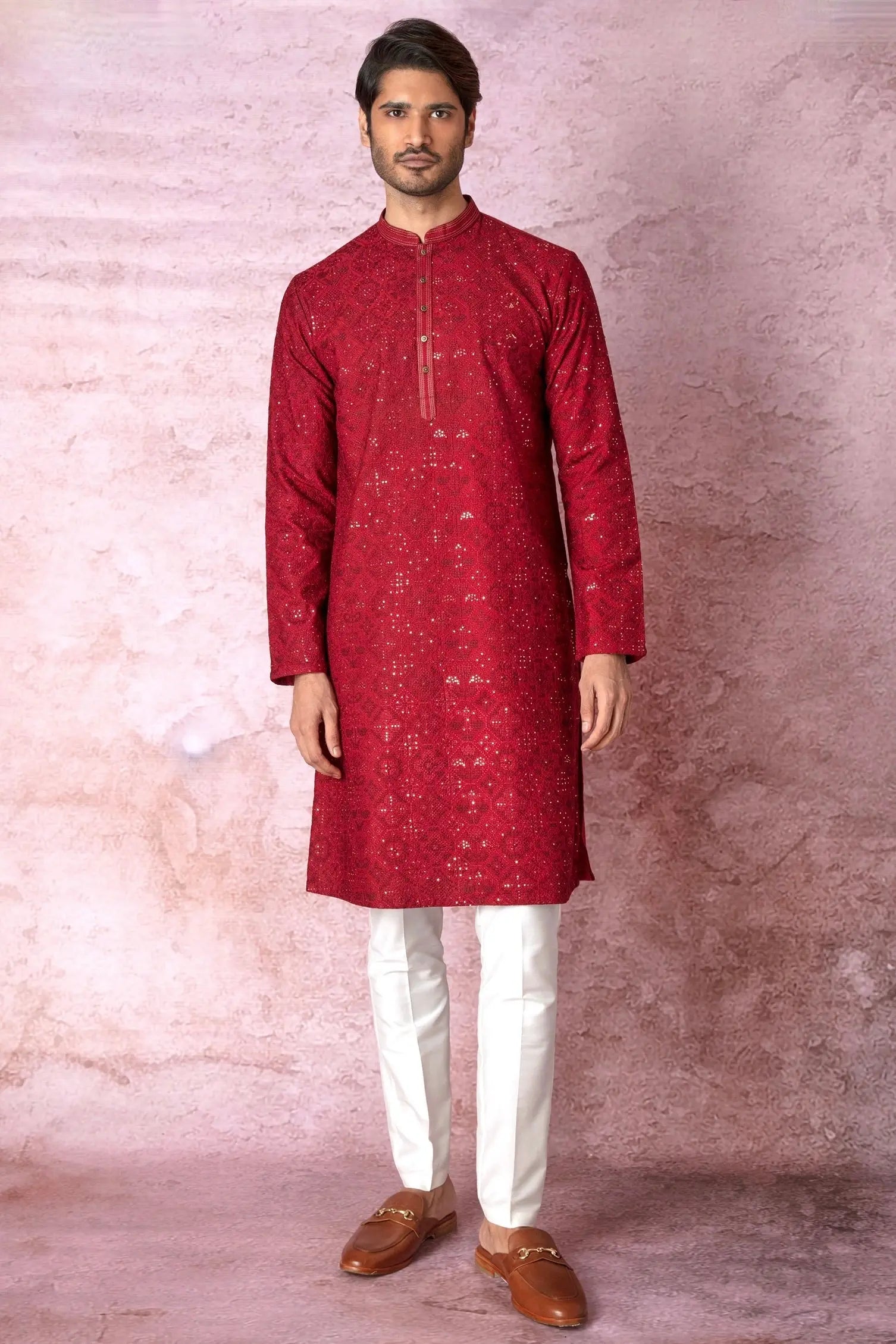 Red Radiance: Chanderi Silk Kurta with Resham and Sequins, Cross Stitch Embroidery