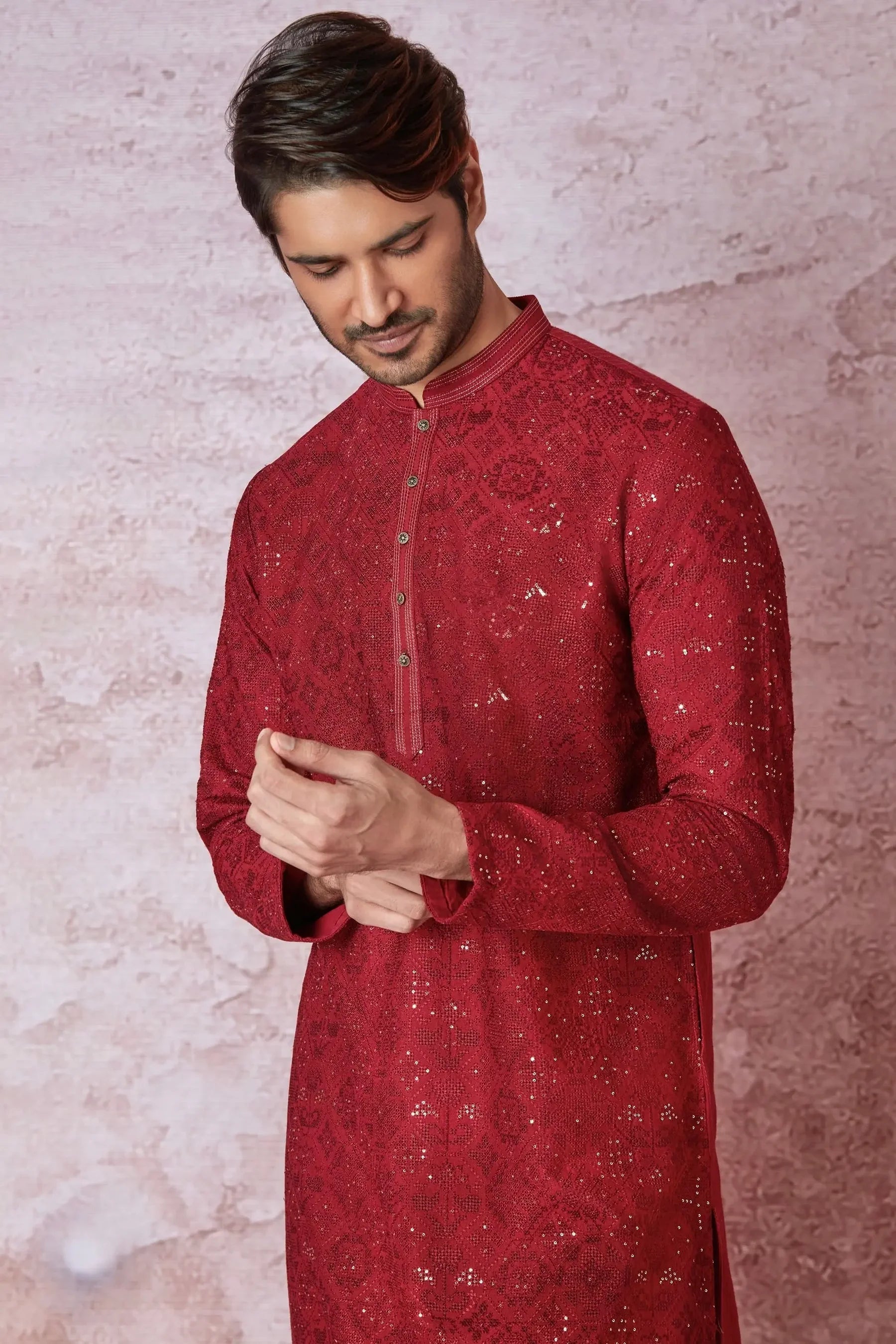 Red Radiance: Chanderi Silk Kurta with Resham and Sequins, Cross Stitch Embroidery