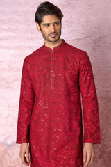 Red Radiance: Chanderi Silk Kurta with Resham and Sequins, Cross Stitch Embroidery