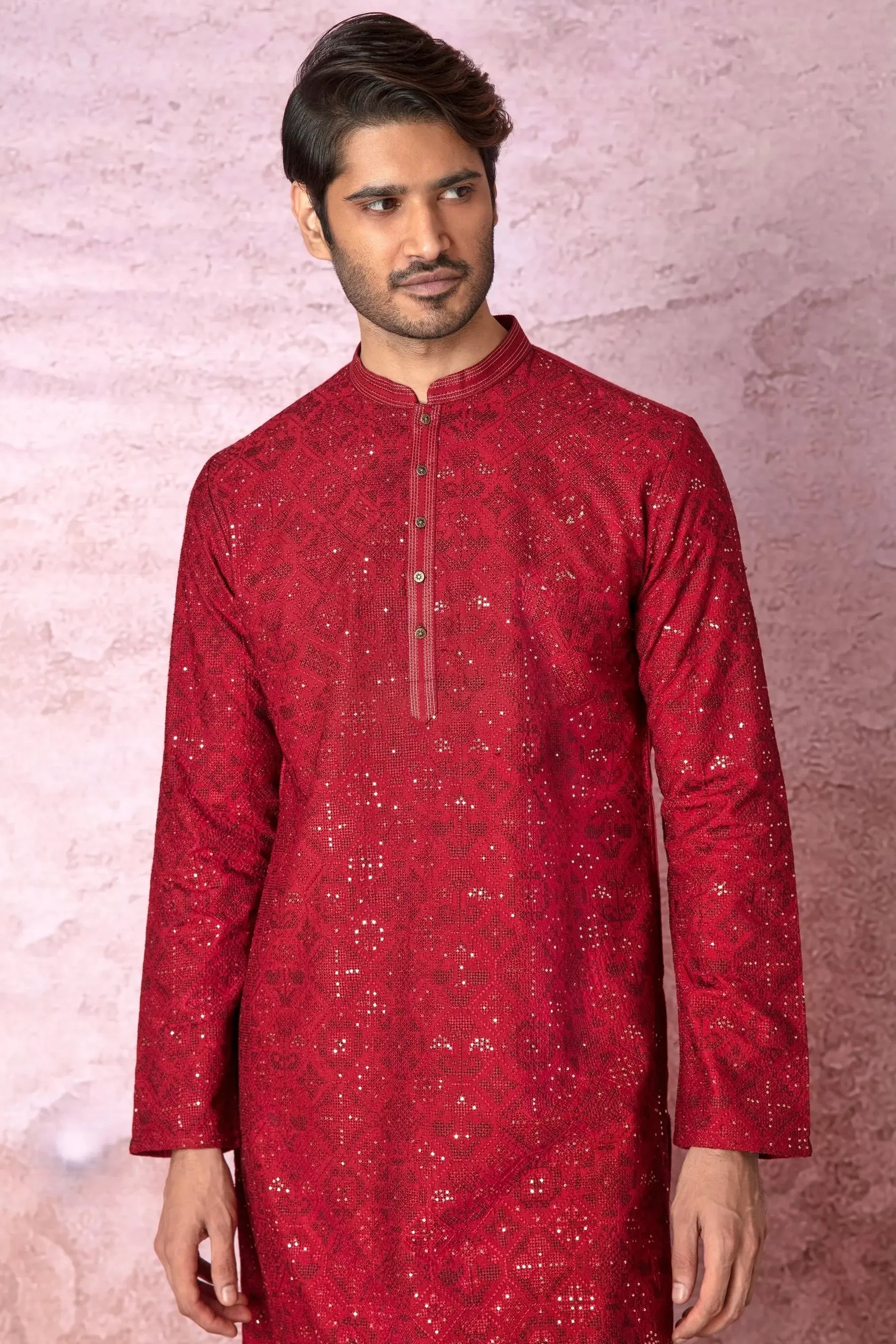 Red Radiance: Chanderi Silk Kurta with Resham and Sequins, Cross Stitch Embroidery
