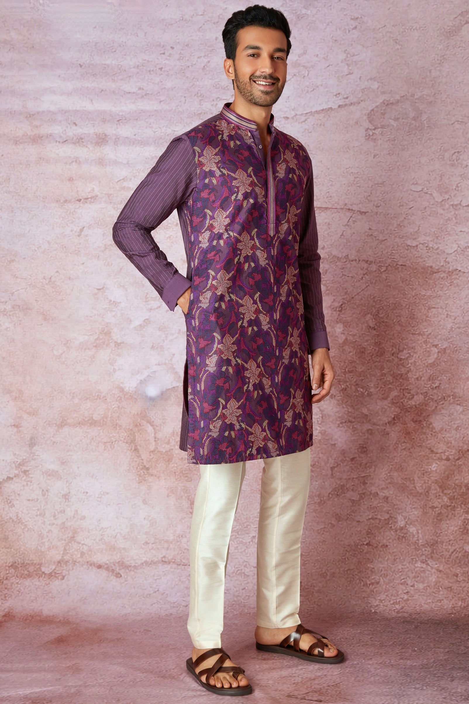 Royal Purple Cross-Stitch Elegance Chanderi Silk Kurta
