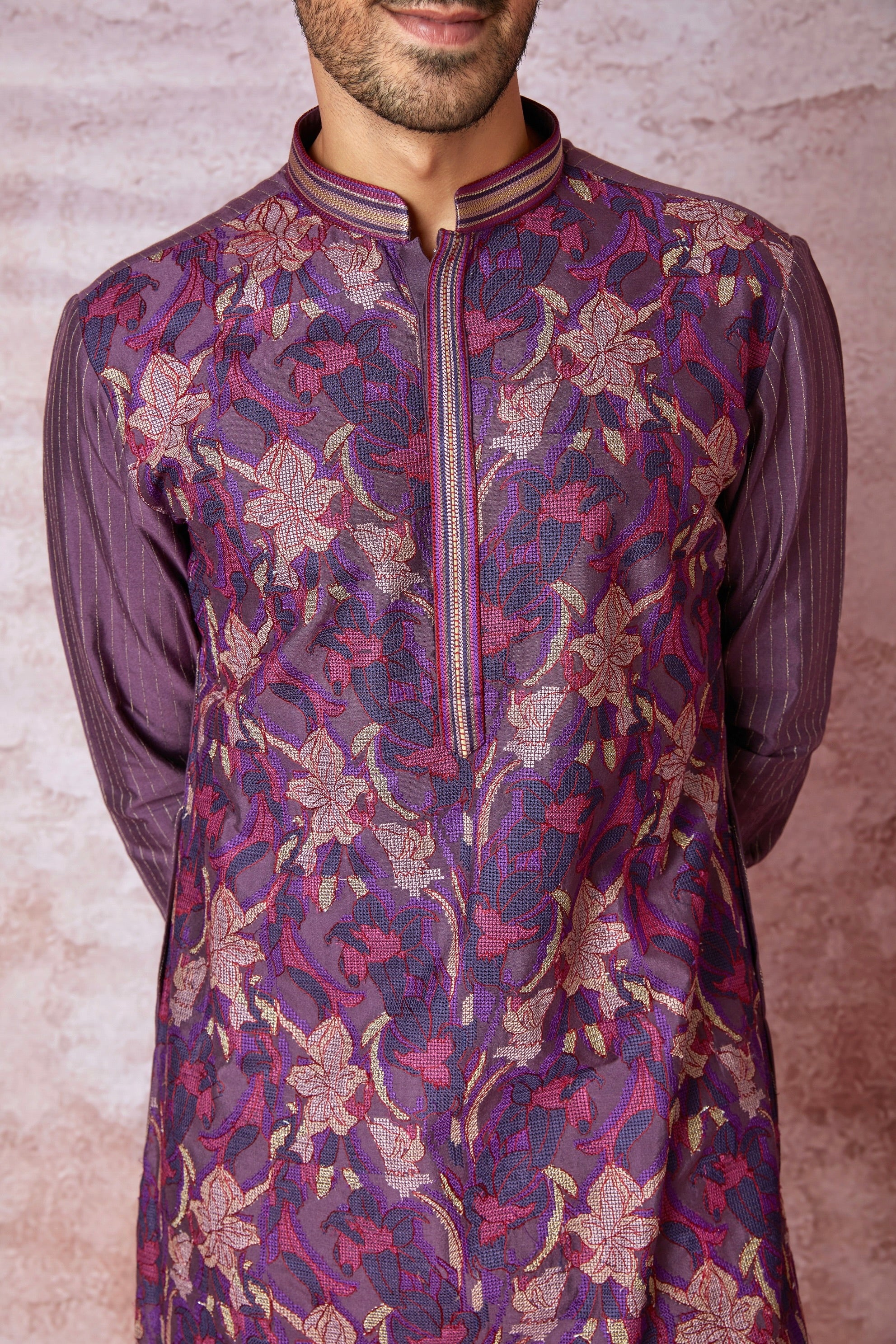 Royal Purple Cross-Stitch Elegance Chanderi Silk Kurta