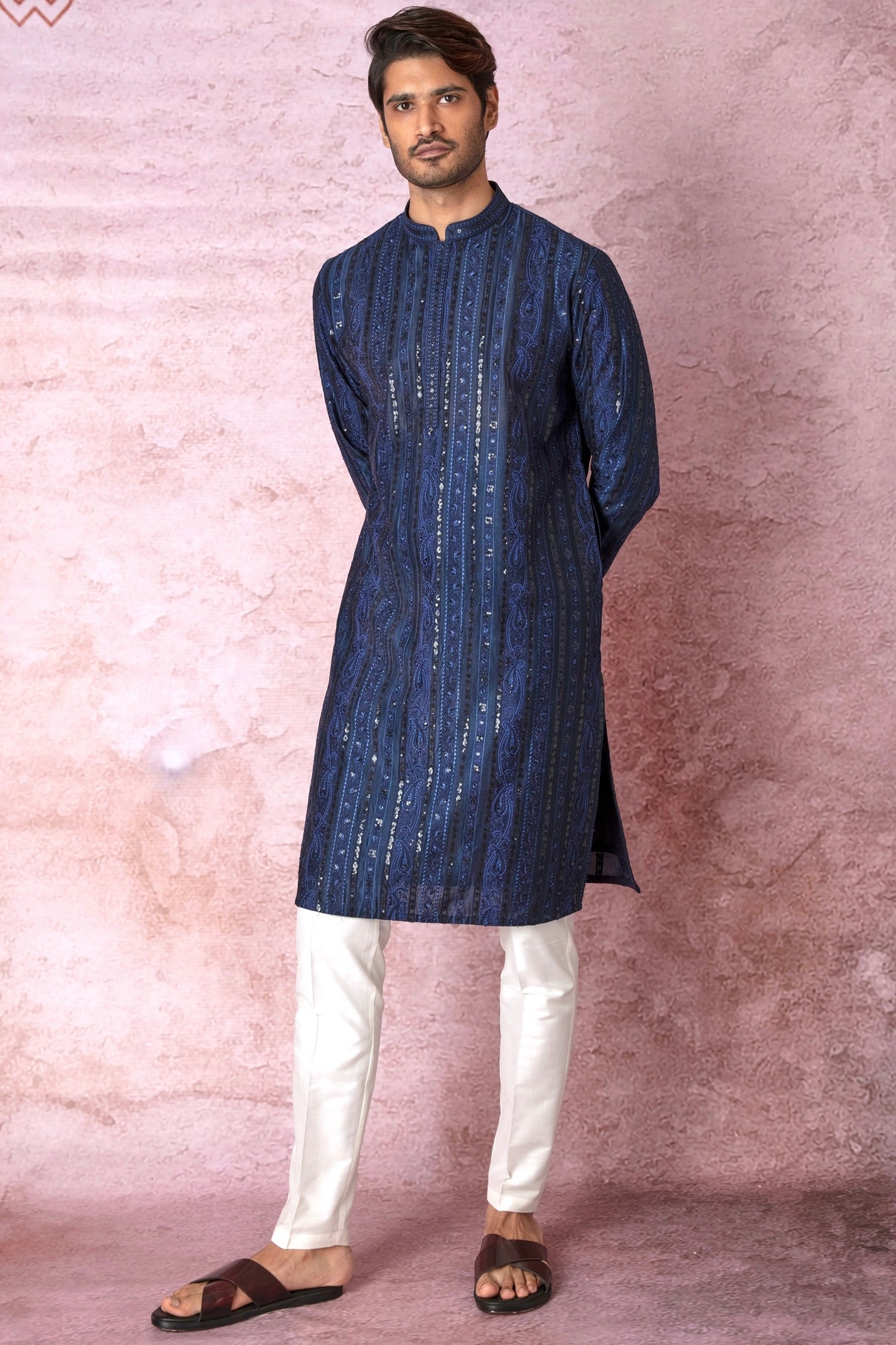 Indigo Charm: Indigo Blue Chanderi Silk Kurta with Resham and Sequins in Panel Embroidery Floral Geometric