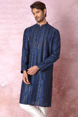 Indigo Charm: Indigo Blue Chanderi Silk Kurta with Resham and Sequins in Panel Embroidery Floral Geometric
