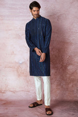 Indigo Charm: Indigo Blue Chanderi Silk Kurta with Resham and Sequins in Panel Embroidery Floral Geometric