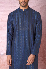 Indigo Charm: Indigo Blue Chanderi Silk Kurta with Resham and Sequins in Panel Embroidery Floral Geometric