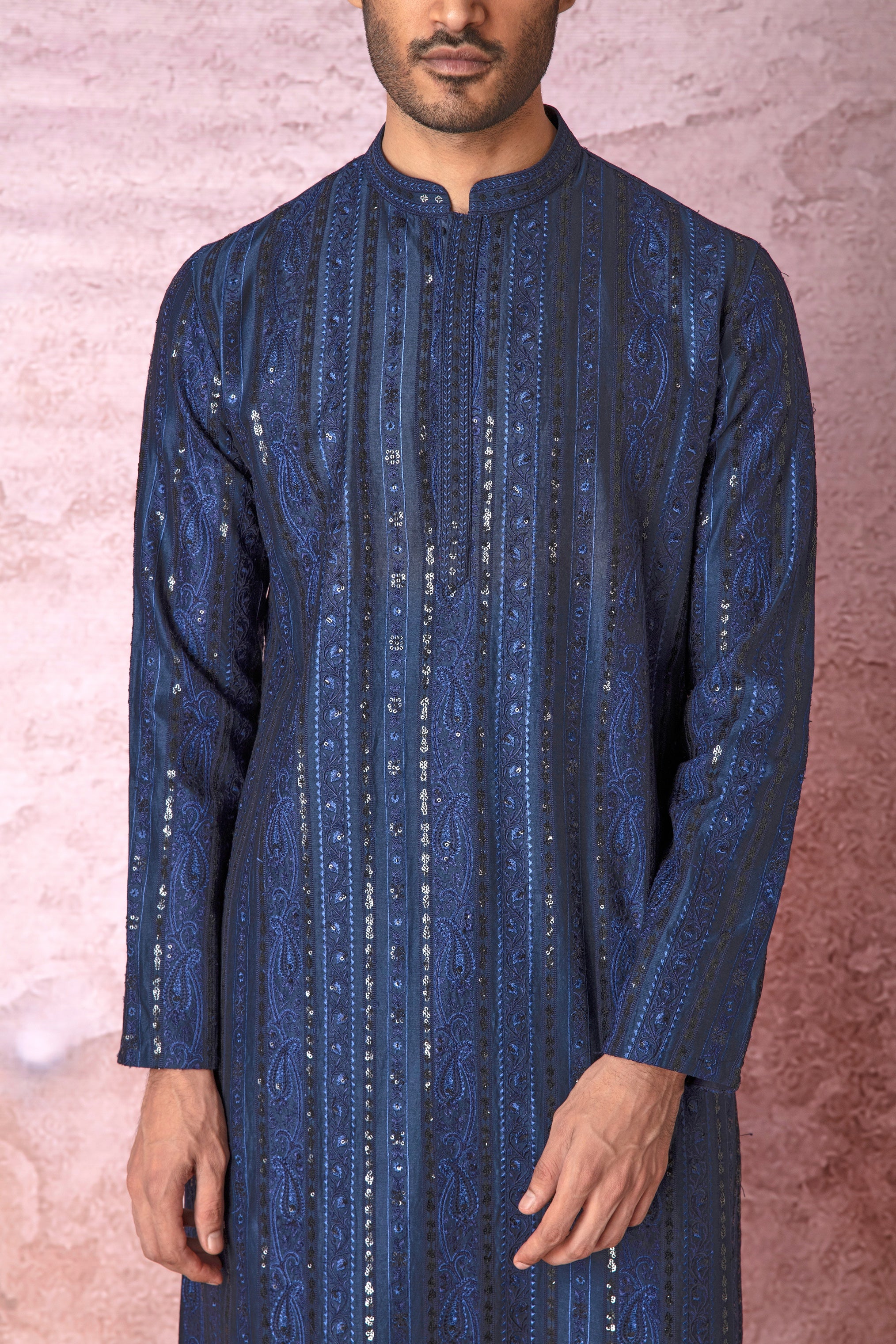 Indigo Charm: Indigo Blue Chanderi Silk Kurta with Resham and Sequins in Panel Embroidery Floral Geometric