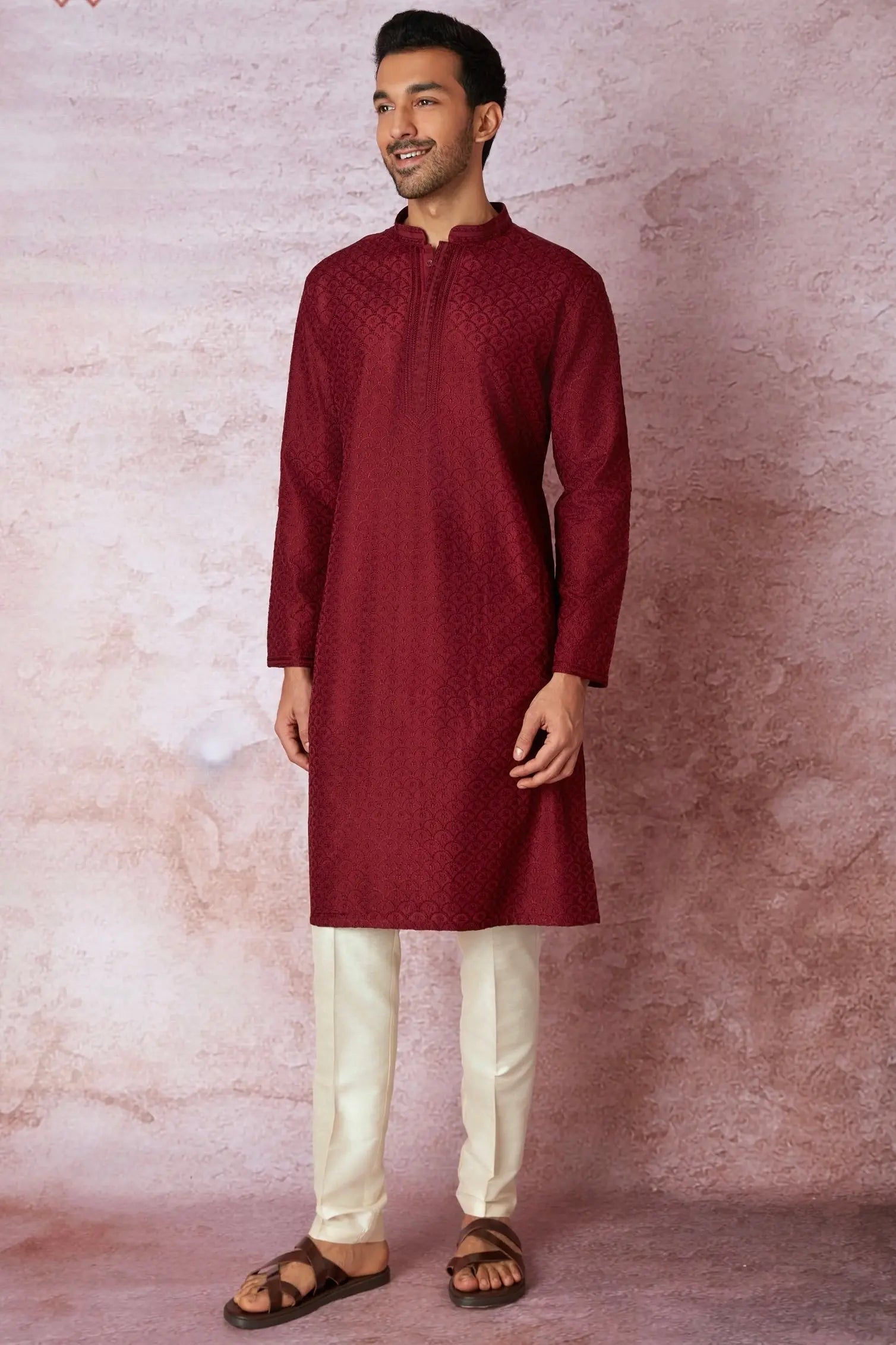 Maroon Elegance: All Over Embroidered Resham Kurta with Floral Motifs