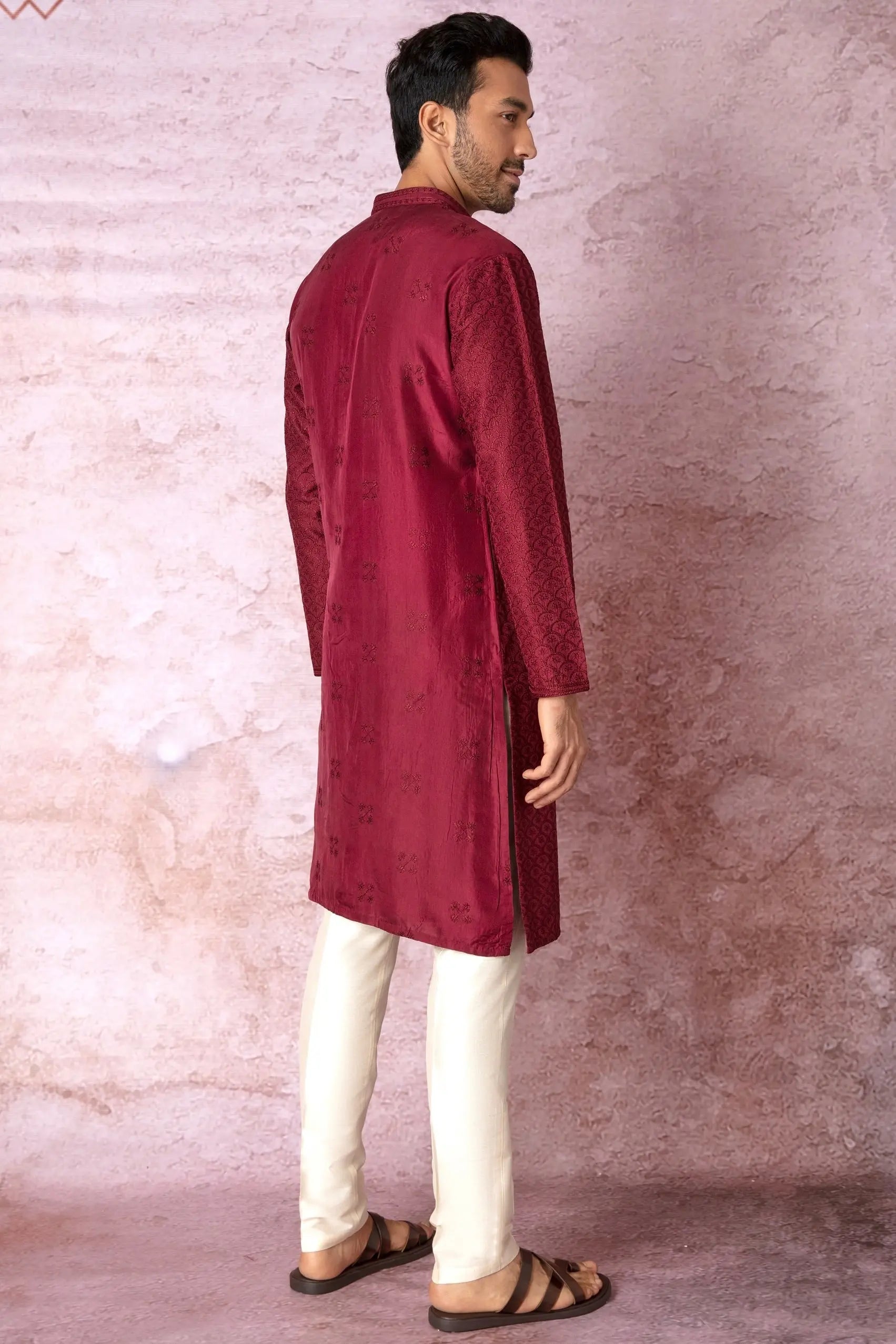 Maroon Elegance: All Over Embroidered Resham Kurta with Floral Motifs