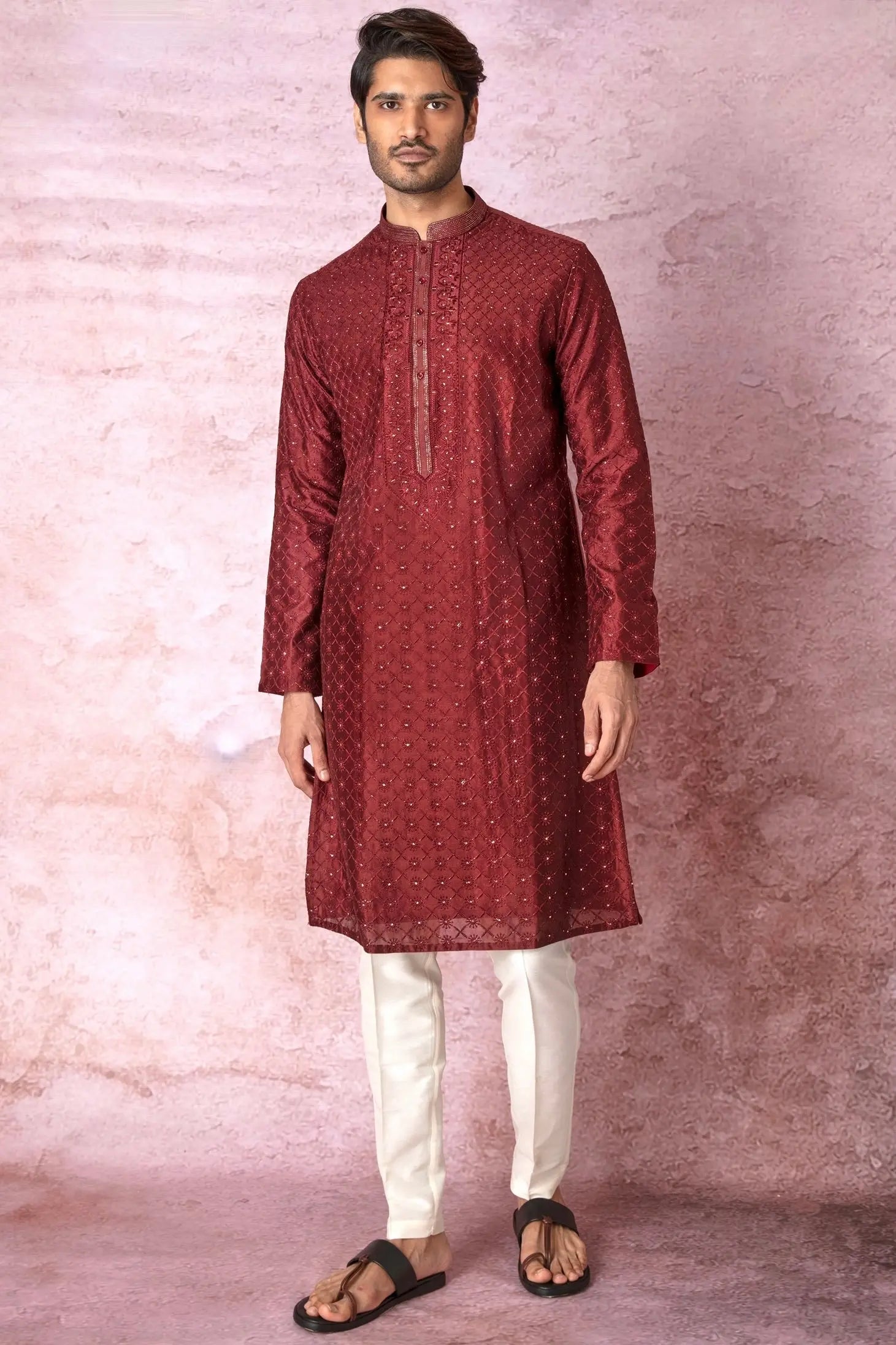 Majestic Maroon: Chanderi Silk Kurta with All Over Resham Embroidery and Lurex