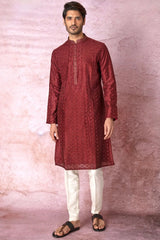Majestic Maroon: Chanderi Silk Kurta with All Over Resham Embroidery and Lurex
