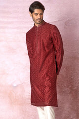 Majestic Maroon: Chanderi Silk Kurta with All Over Resham Embroidery and Lurex
