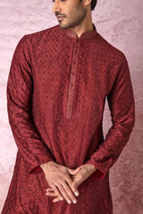 Majestic Maroon: Chanderi Silk Kurta with All Over Resham Embroidery and Lurex