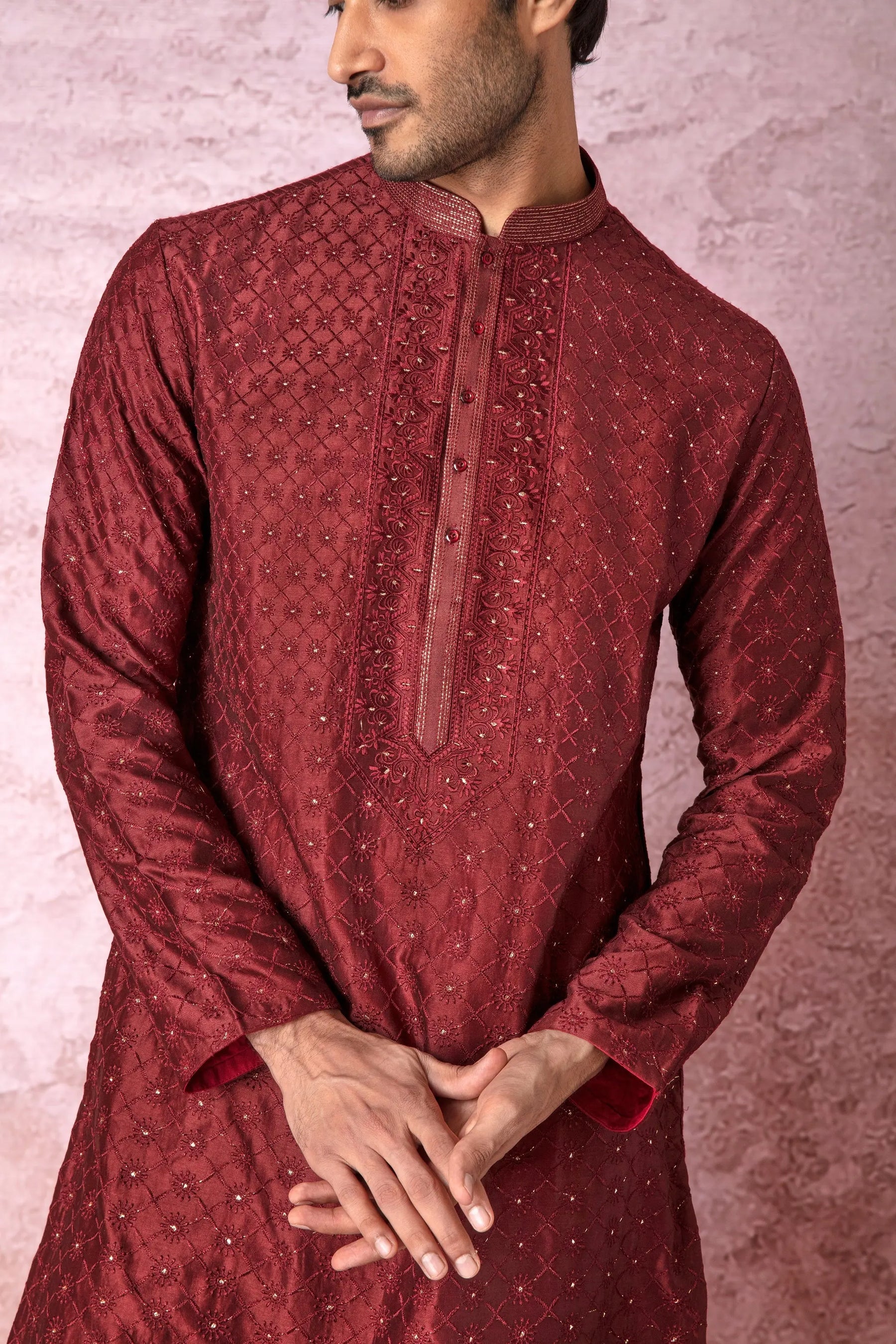 Majestic Maroon: Chanderi Silk Kurta with All Over Resham Embroidery and Lurex