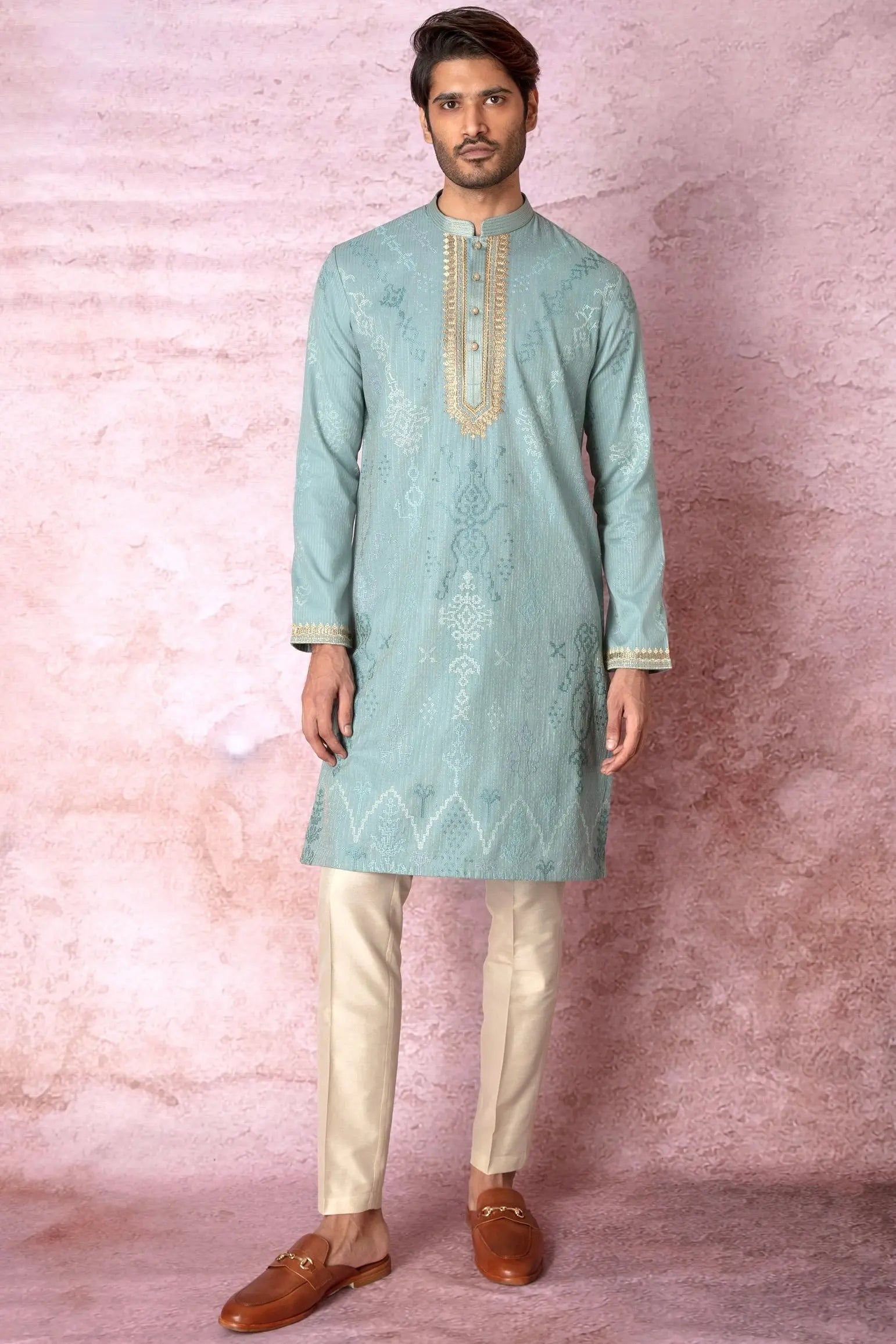 Olive Elegance: Tussar Silk Kurta with Resham Embroidery in Gold Floral and All Over Embroidery