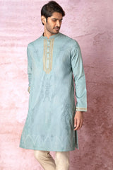 Olive Elegance: Tussar Silk Kurta with Resham Embroidery in Gold Floral and All Over Embroidery