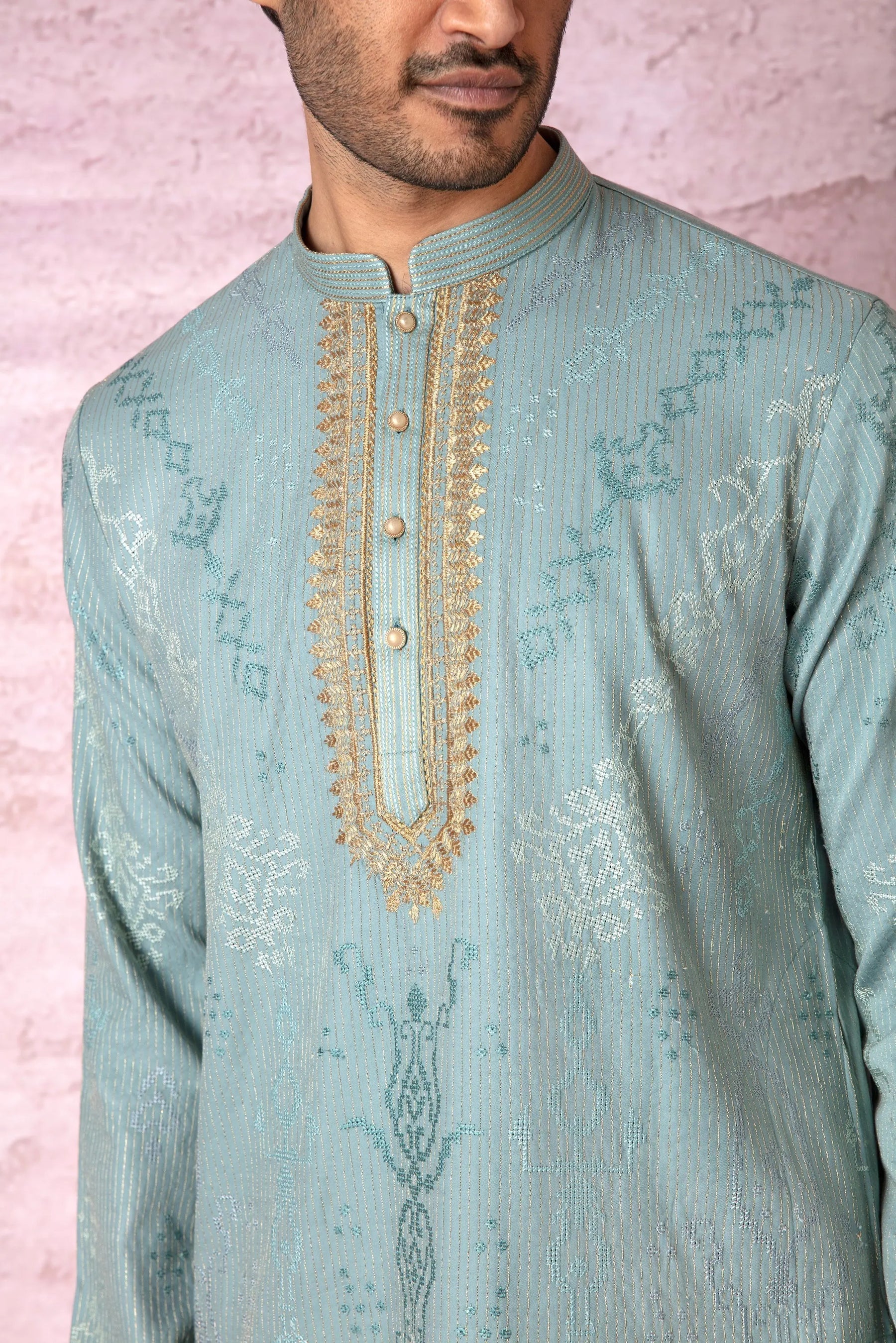 Olive Elegance: Tussar Silk Kurta with Resham Embroidery in Gold Floral and All Over Embroidery