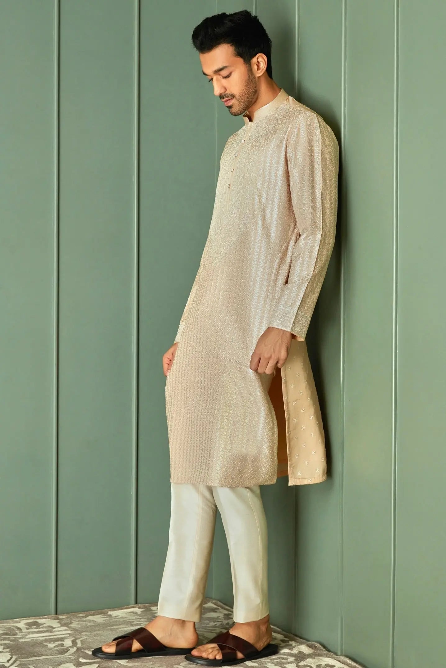Creamy Delight: Cream Chanderi Silk Kurta with Ivory Resham Embroidery All Over