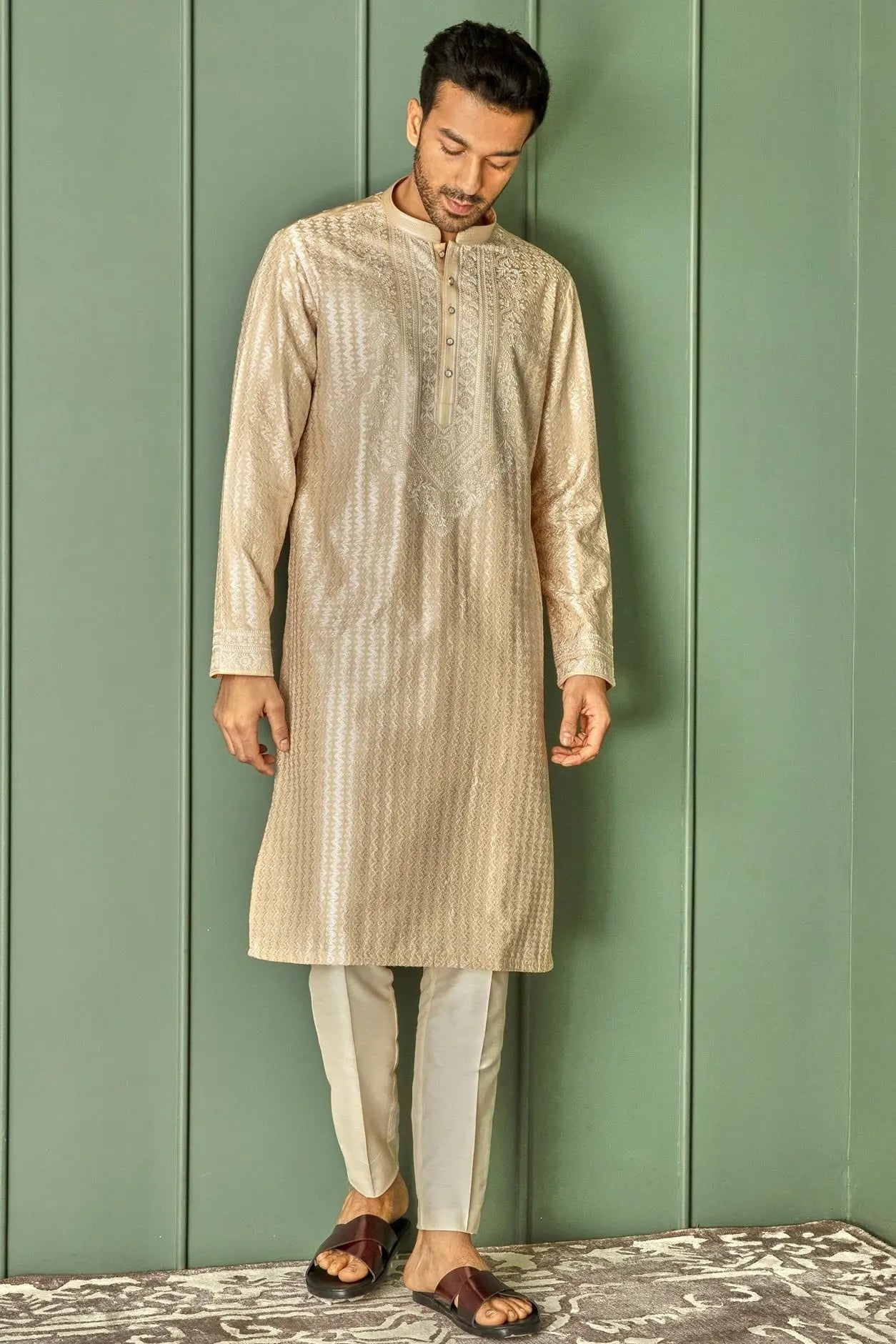 Creamy Delight: Cream Chanderi Silk Kurta with Ivory Resham Embroidery All Over