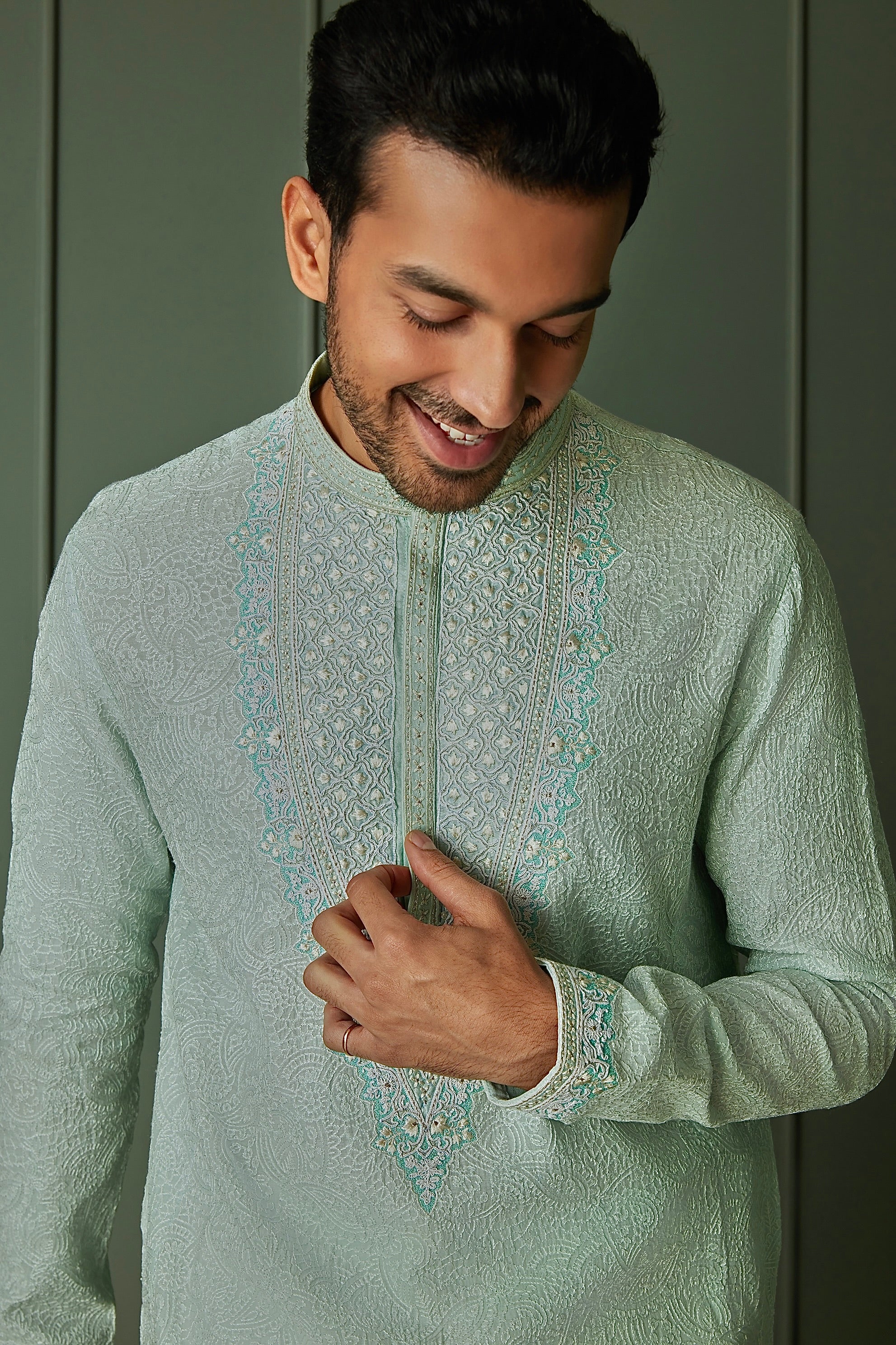 Paisley Perfection: Sky Blue Chanderi Silk Embroidered Kurta
