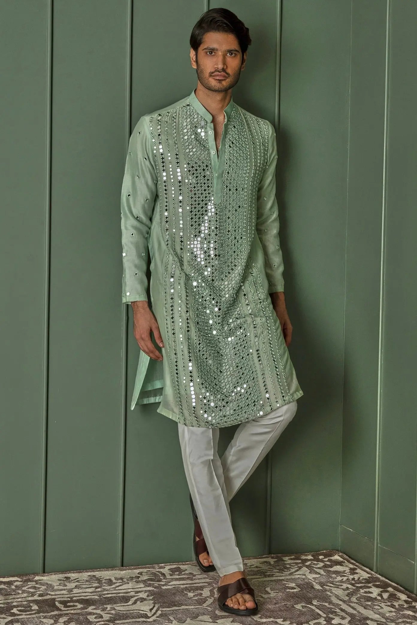 Green Mirage: Green Chanderi Kurta with Panel Mirror Work and Resham Affixed