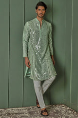 Green Mirage: Green Chanderi Kurta with Panel Mirror Work and Resham Affixed
