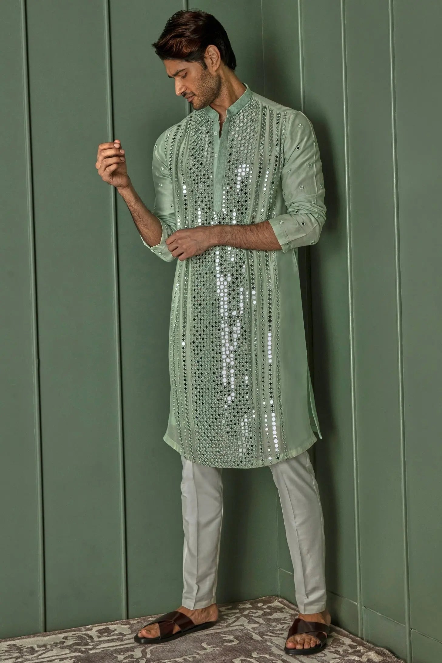 Green Mirage: Green Chanderi Kurta with Panel Mirror Work and Resham Affixed
