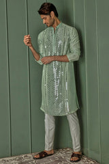 Green Mirage: Green Chanderi Kurta with Panel Mirror Work and Resham Affixed