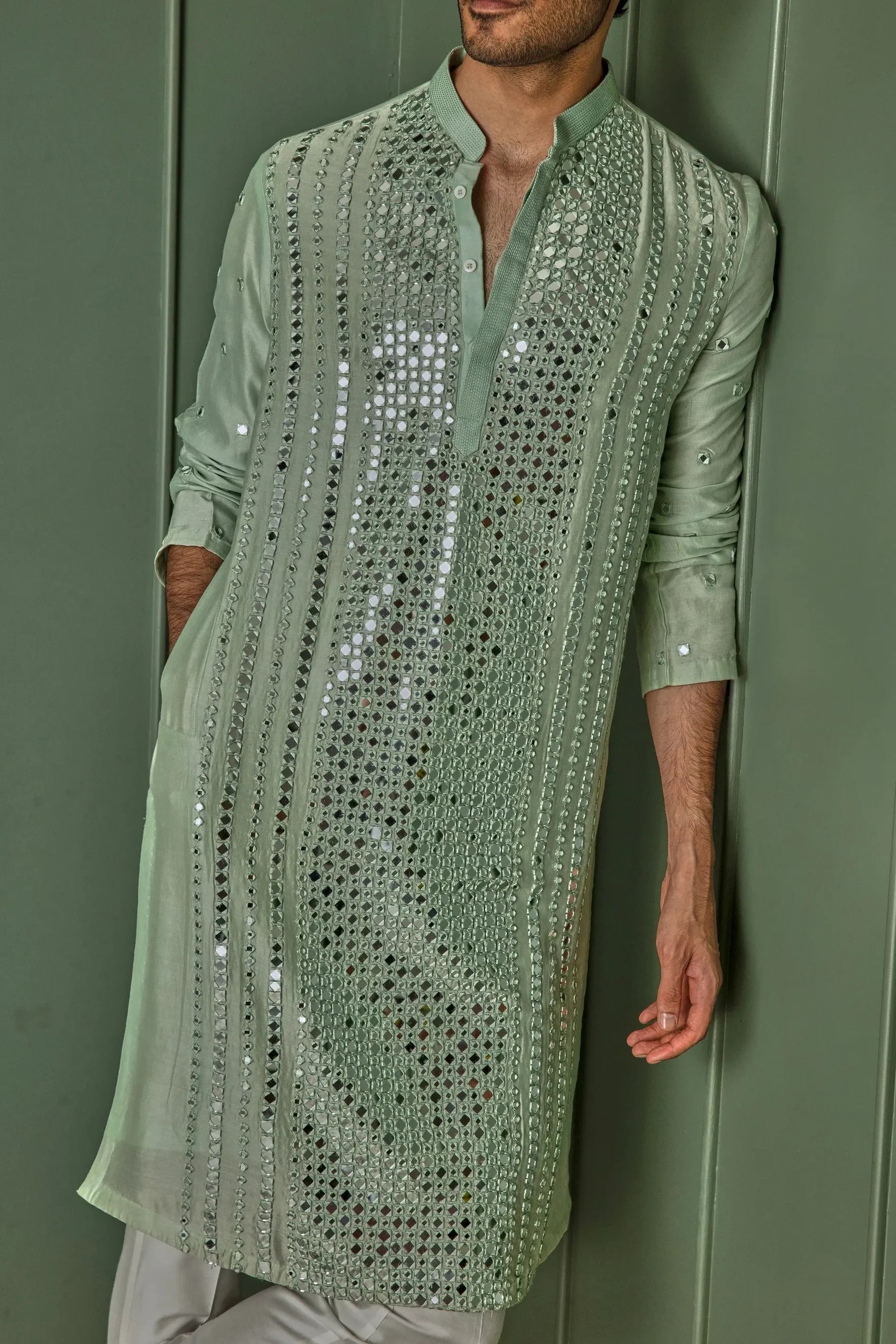 Green Mirage: Green Chanderi Kurta with Panel Mirror Work and Resham Affixed