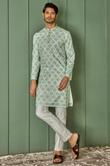 Pastel Delight: Light Green Jaquard Round Design Kurta