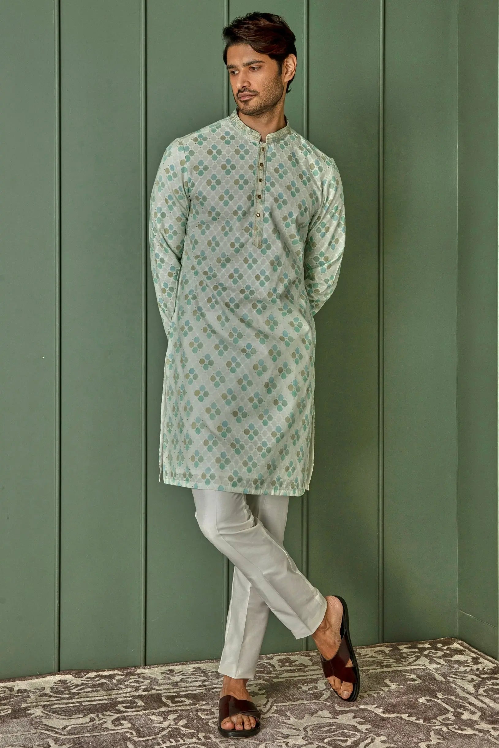 Pastel Delight: Light Green Jaquard Round Design Kurta