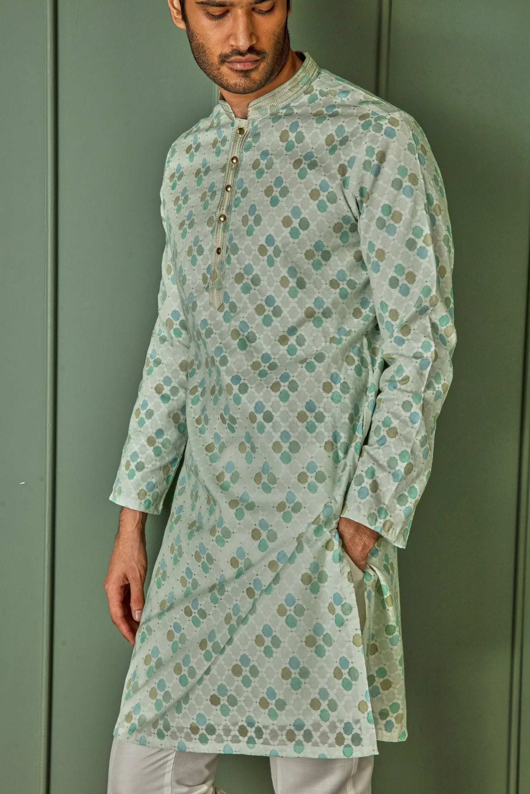Pastel Delight: Light Green Jaquard Round Design Kurta
