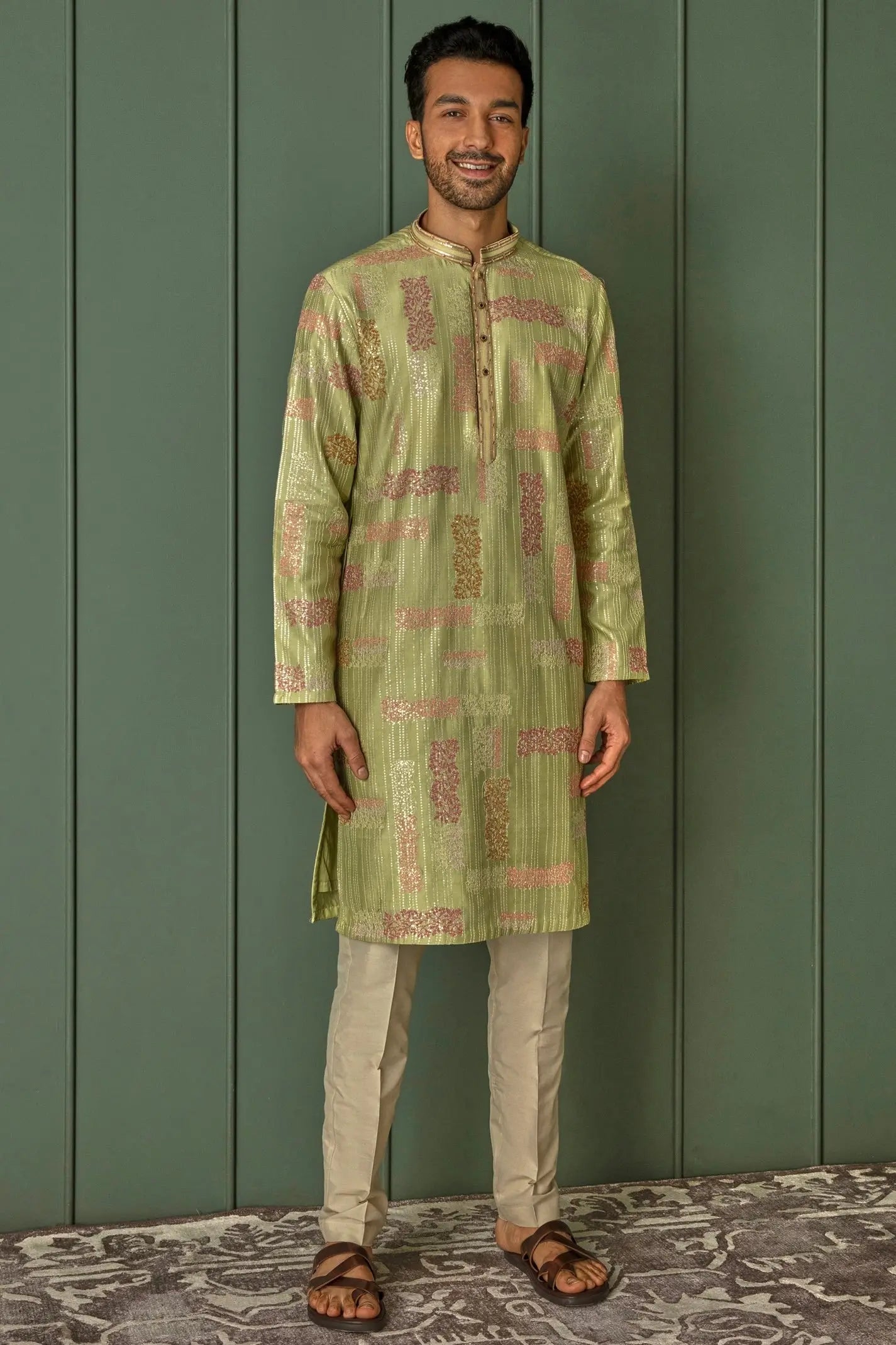 Olive Abstract Sequins Dream Chanderi Silk Kurta