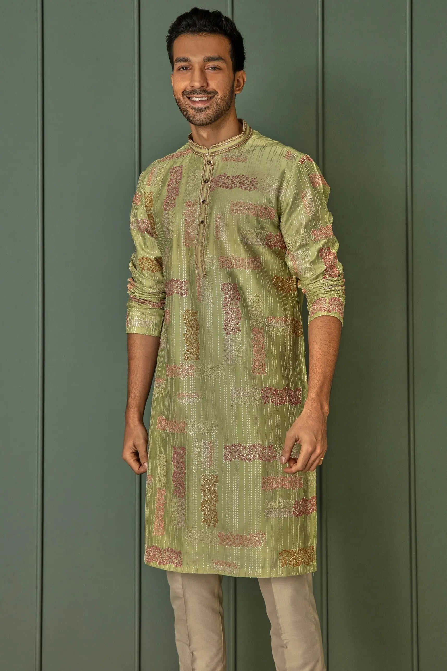 Olive Abstract Sequins Dream Chanderi Silk Kurta