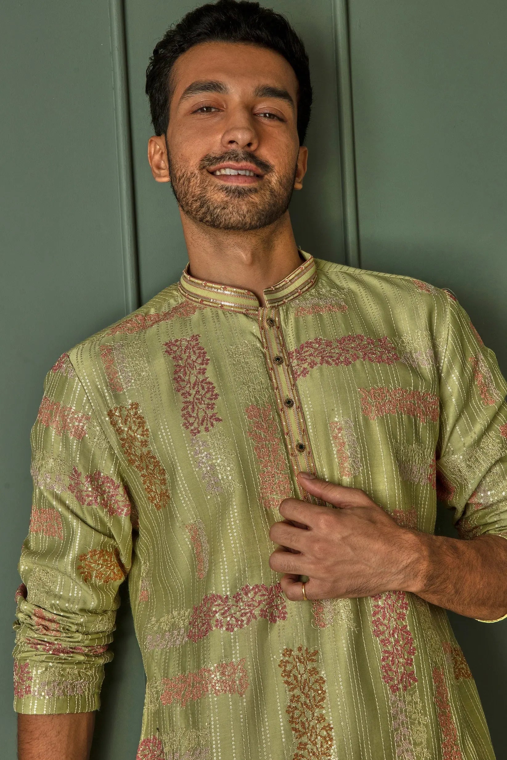 Olive Abstract Sequins Dream Chanderi Silk Kurta