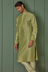 Olive Allure: Olive Green Chanderi Kurta with All Over Resham Motifs
