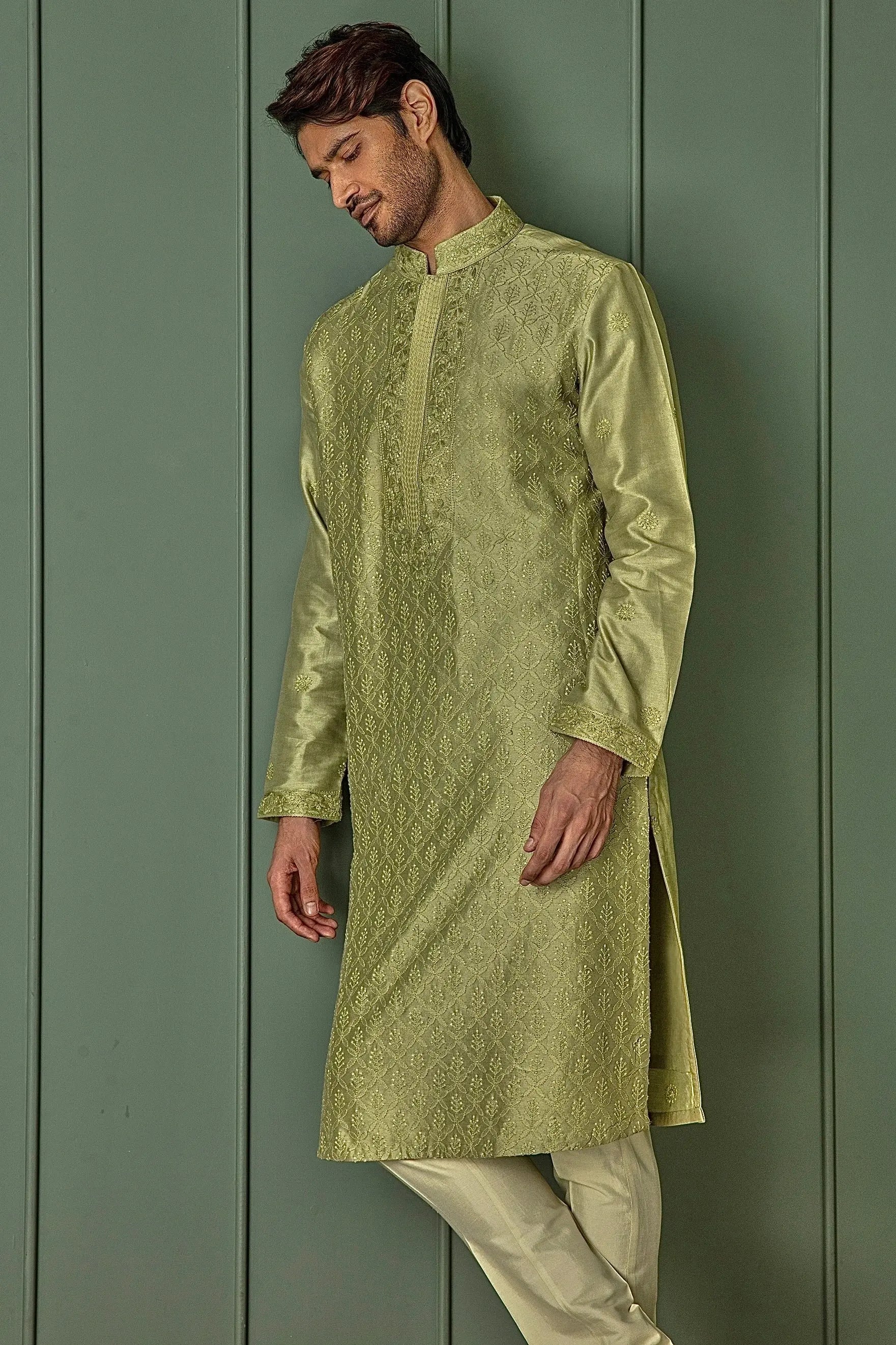 Olive Allure: Olive Green Chanderi Kurta with All Over Resham Motifs