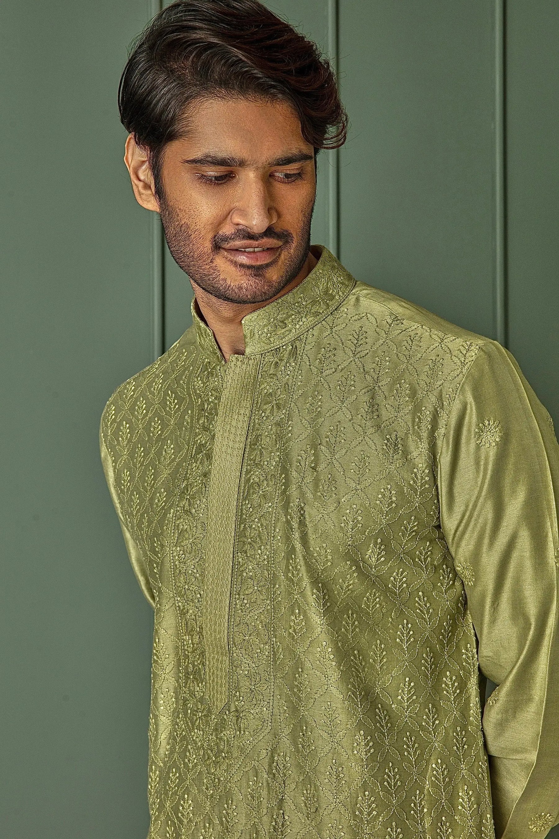 Olive Allure: Olive Green Chanderi Kurta with All Over Resham Motifs