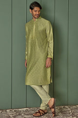 Olive Allure: Olive Green Chanderi Kurta with All Over Resham Motifs