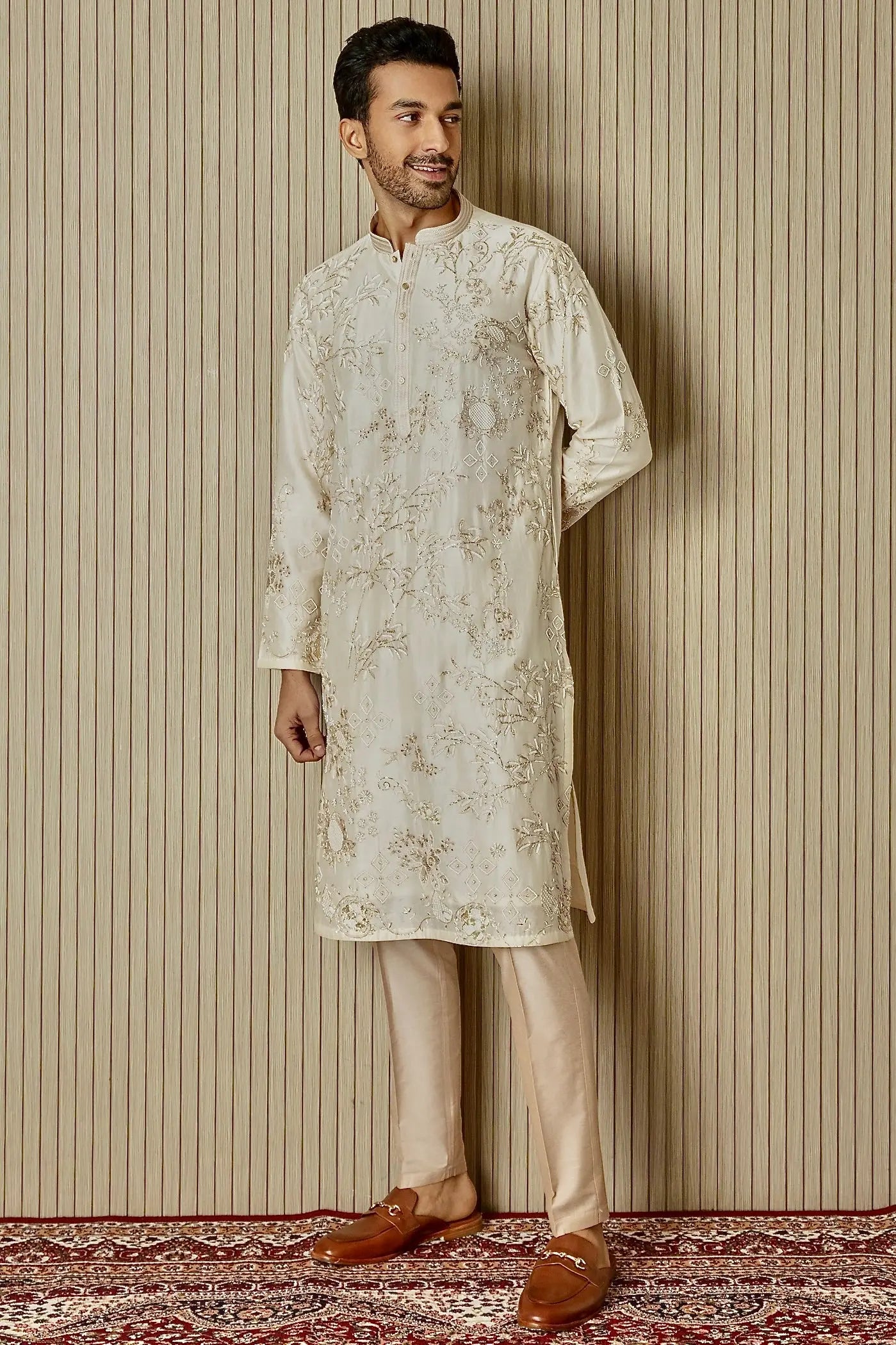 Ivory Opulence: Chanderi Silk Kurta with Sequin, Dabka, Moti, and Resham Embroidery