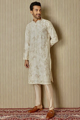 Ivory Opulence: Chanderi Silk Kurta with Sequin, Dabka, Moti, and Resham Embroidery