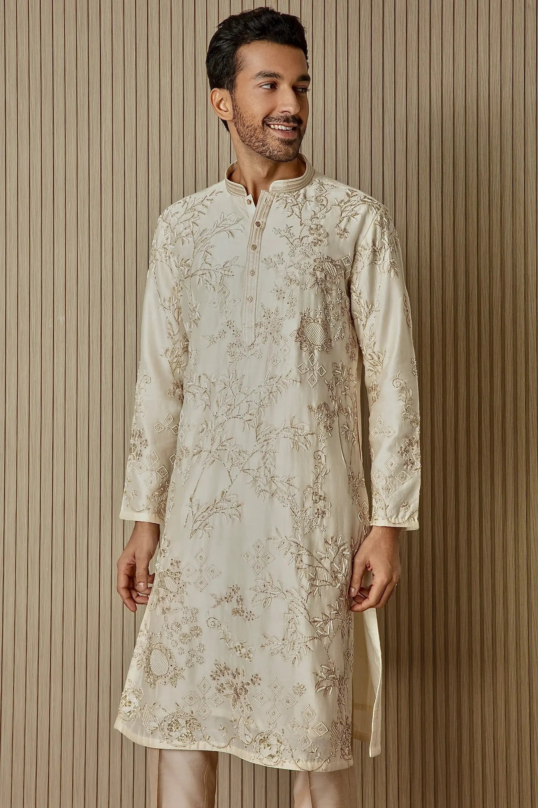 Ivory Opulence: Chanderi Silk Kurta with Sequin, Dabka, Moti, and Resham Embroidery