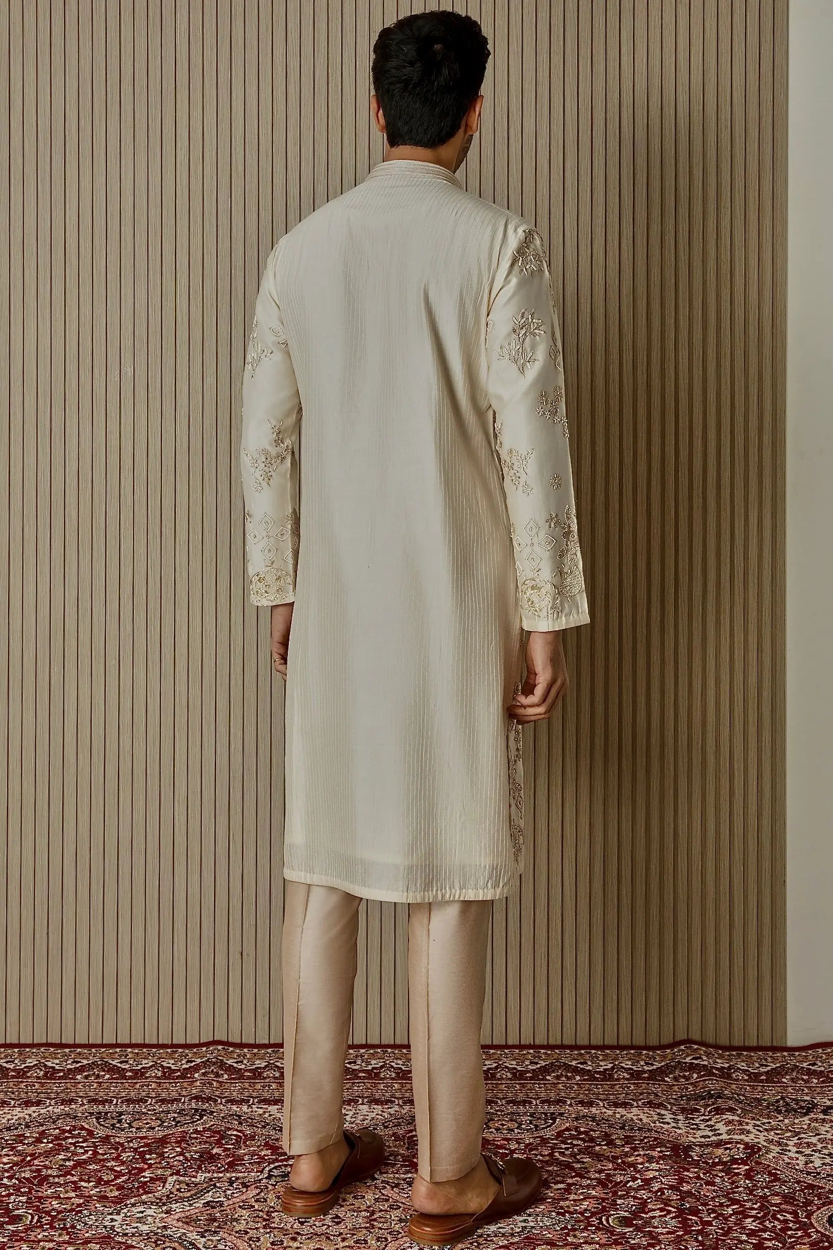 Ivory Opulence: Chanderi Silk Kurta with Sequin, Dabka, Moti, and Resham Embroidery