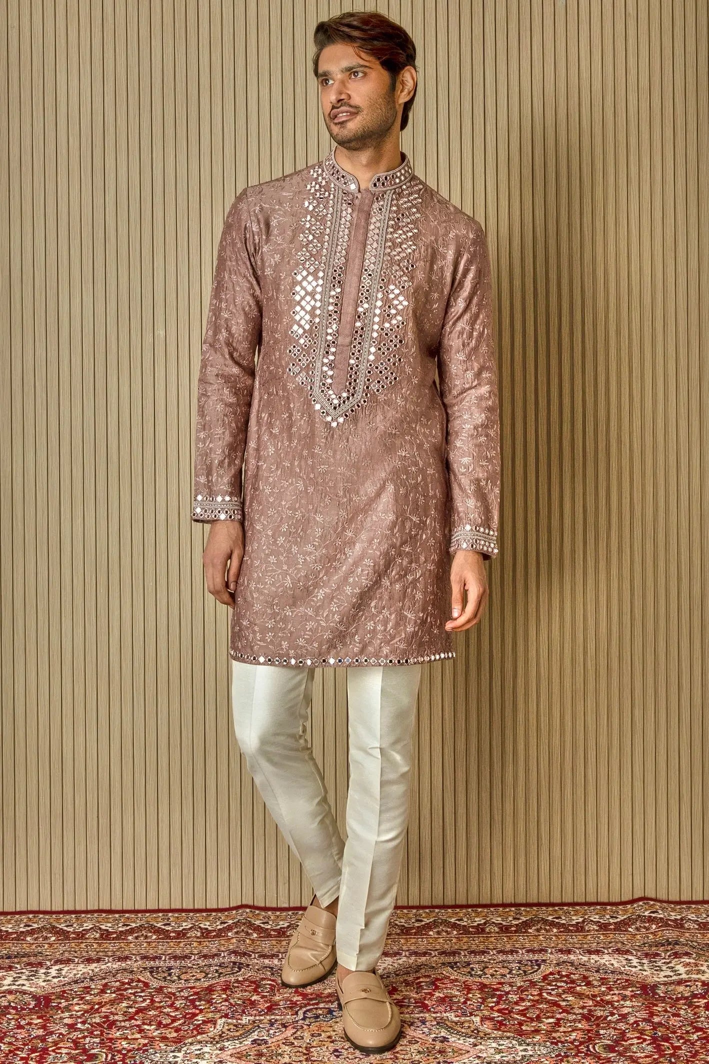 Earthly Opulence: Moti Mirror Resham Brown Silk Kurta