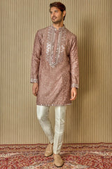 Earthly Opulence: Moti Mirror Resham Brown Silk Kurta