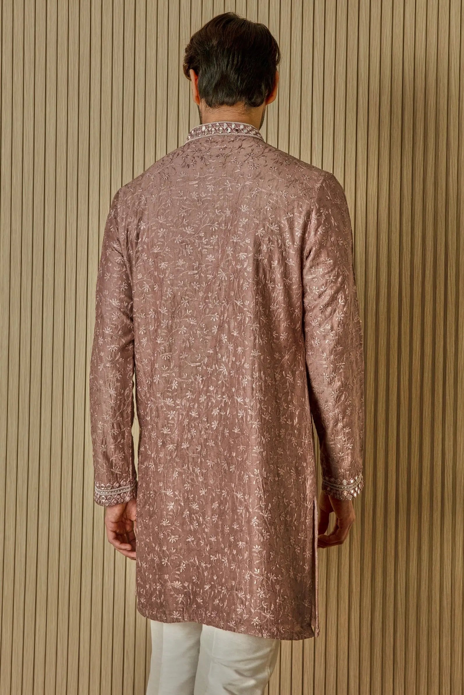 Earthly Opulence: Moti Mirror Resham Brown Silk Kurta