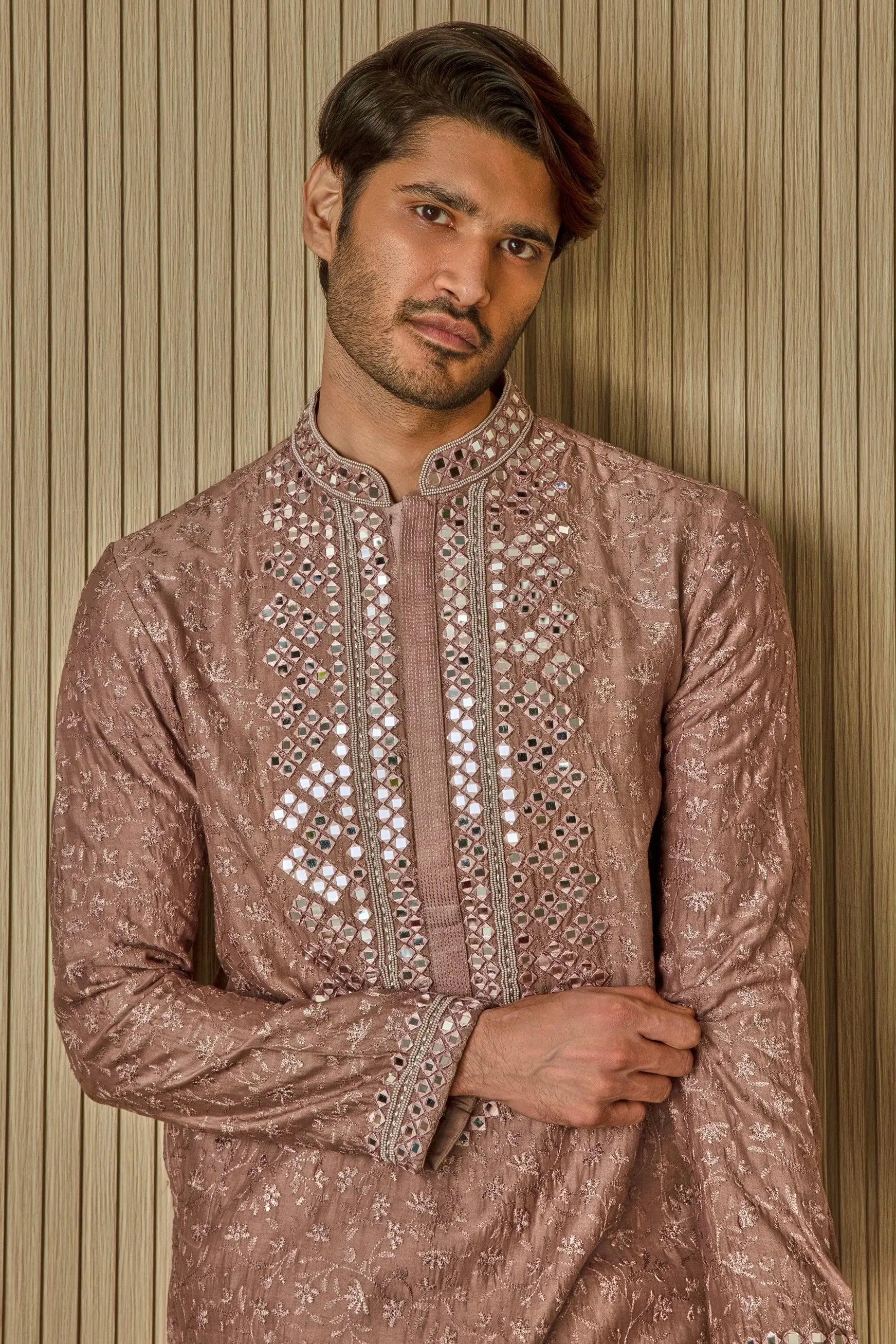 Earthly Opulence: Moti Mirror Resham Brown Silk Kurta