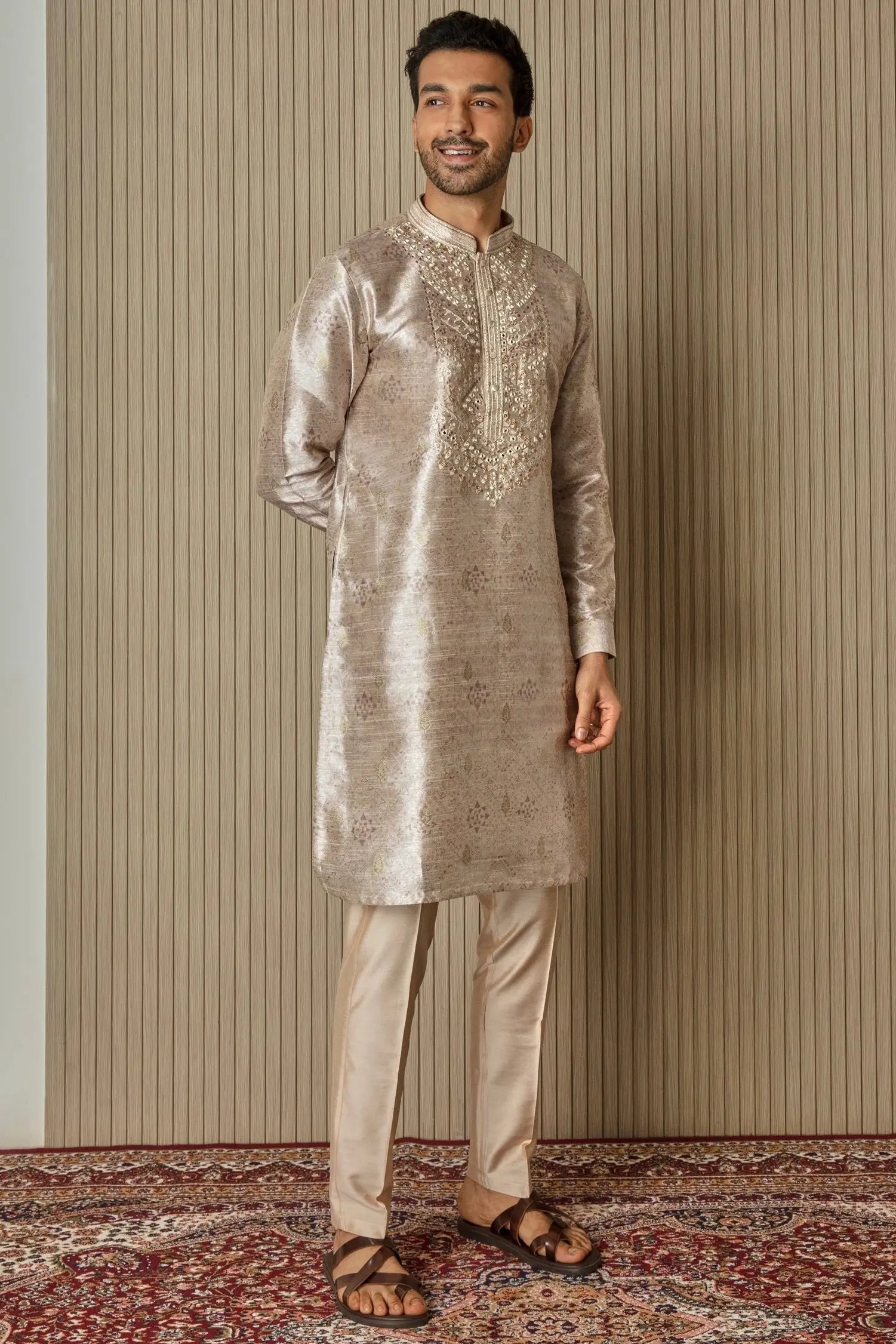 Printed Elegance: Jacquard Silk Kurta with Mirror, Sequin, Resham, and Zari Work