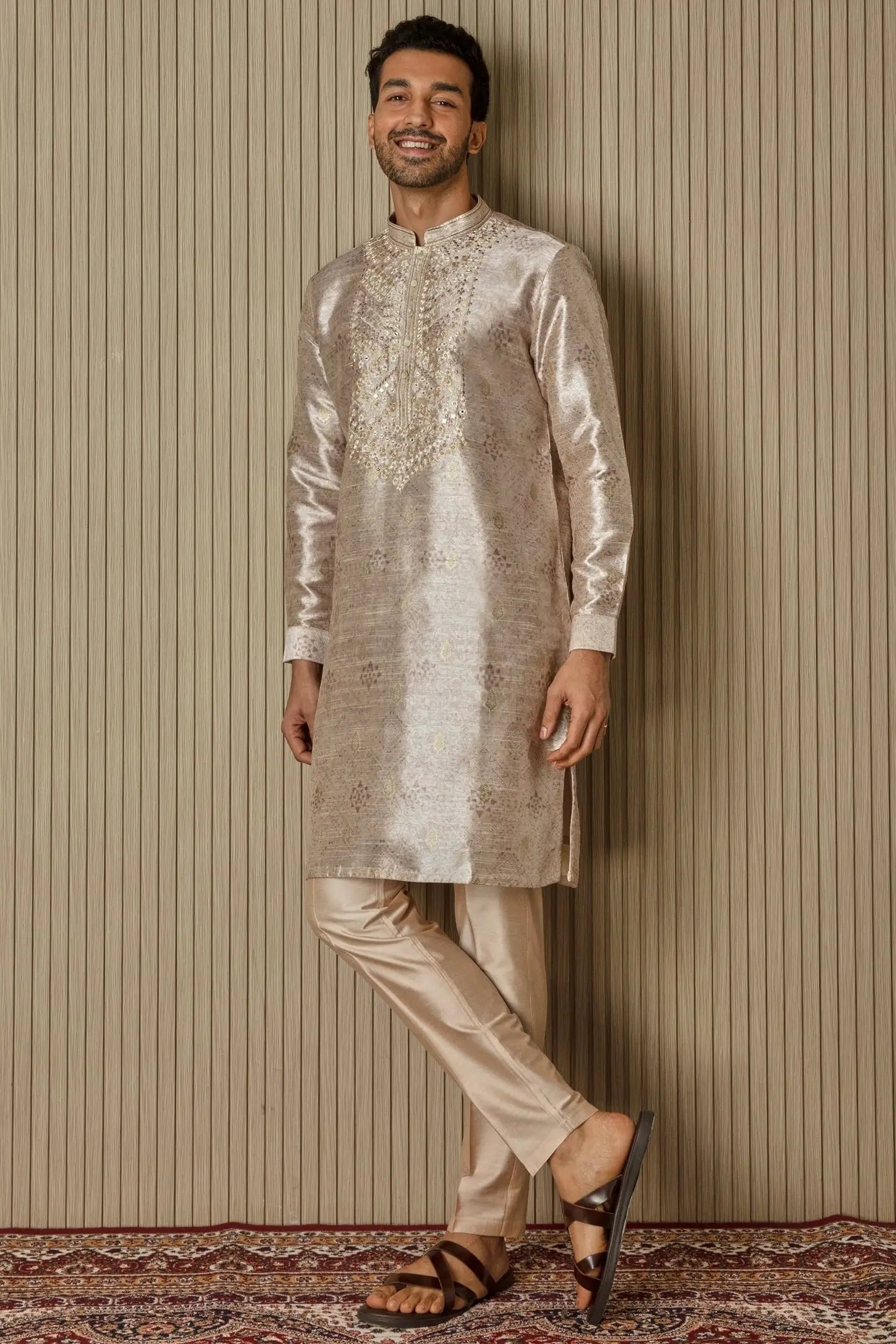 Printed Elegance: Jacquard Silk Kurta with Mirror, Sequin, Resham, and Zari Work